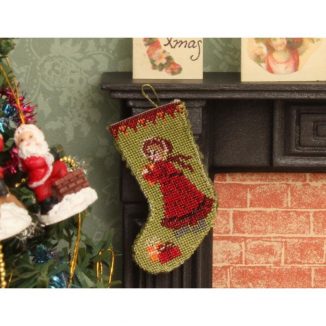 Dollhouse needlepoint Victorian Girl Christmas stocking parlour fireplace