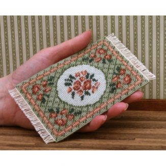 Dollhouse needlepoint carpet rug Barbara green small tent stitch fringe