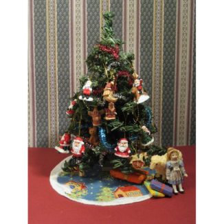 Dollhouse needlepoint Christmas tree mat skirt Snowy village with toys and presents