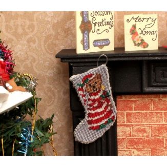 Dollhouse needlepoint Bedtime bear Christmas stocking fireplace
