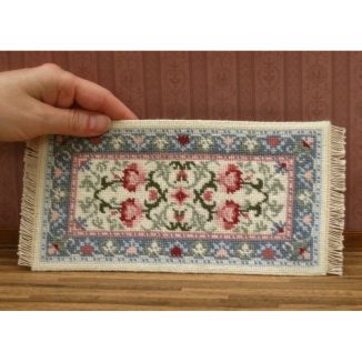 Dollhouse needlepoint carpet rug Carole pastel tent stitch fringe