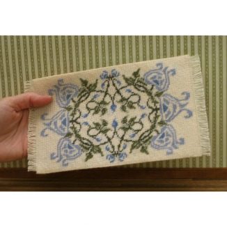 Dollhouse needlepoint carpet rug Josie blue tent stitch fringe