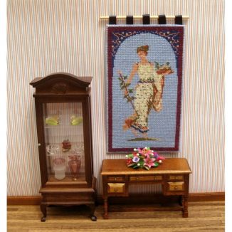 Dollhouse needlepoint wall hanging Grecian Lady table and cabinet