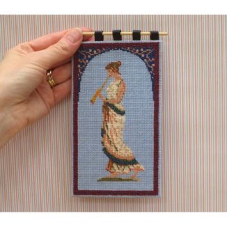 Dollhouse needlepoint wall hanging Grecian Musician being held