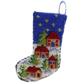 Dollhouse needlepoint Christmas stocking kit - Snowy Village